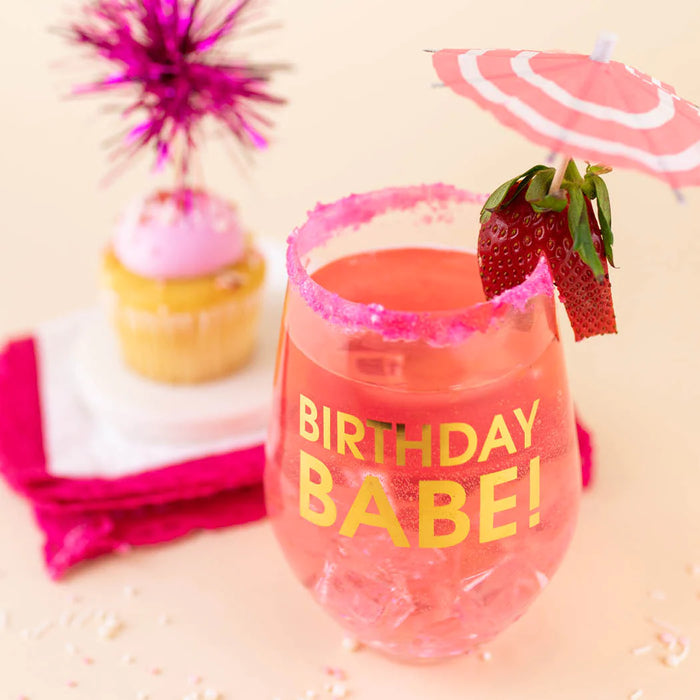 birthday babe stemless wine glass