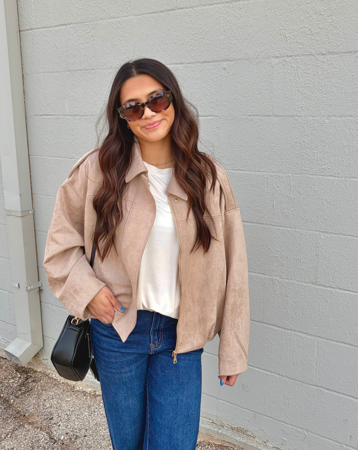 just so you know suede high-collar jacket