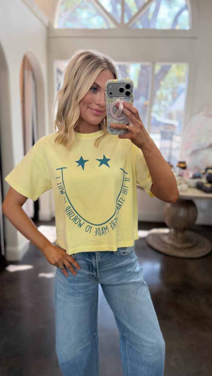 smiley stars were made to worship crop tee