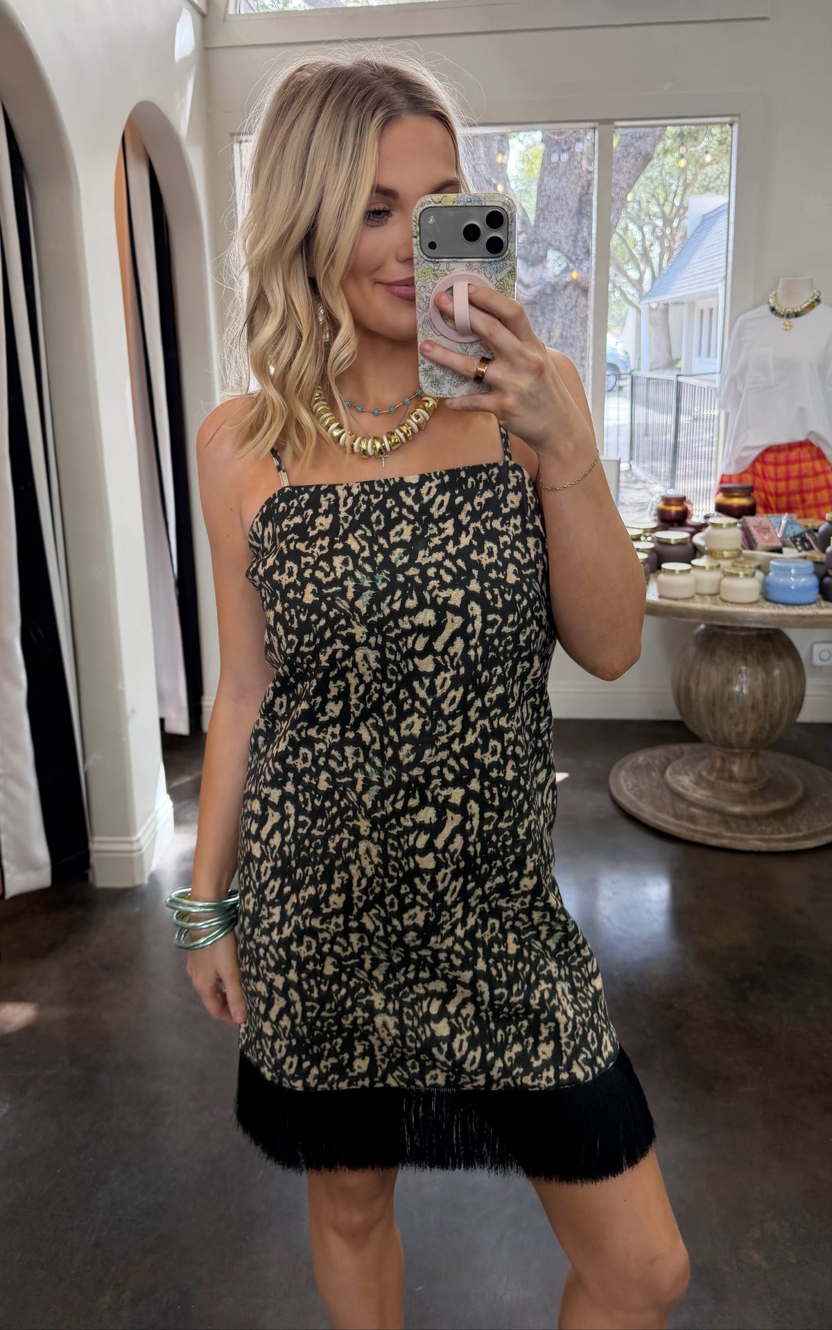 spotted fringe trim mini dress