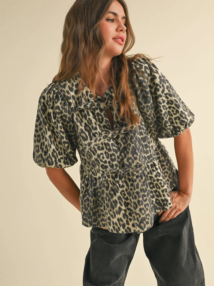 wild about you leopard denim tie top