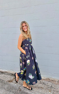 safe to say scalloped trip midi dress