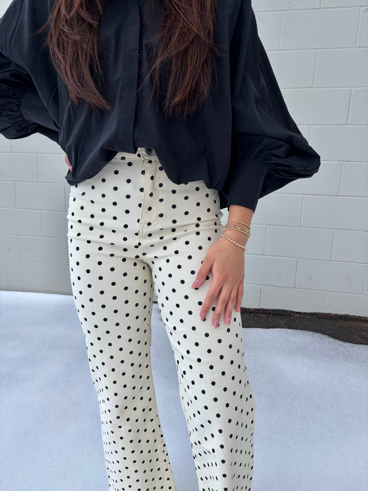 mini polka dot stretchy denim pants