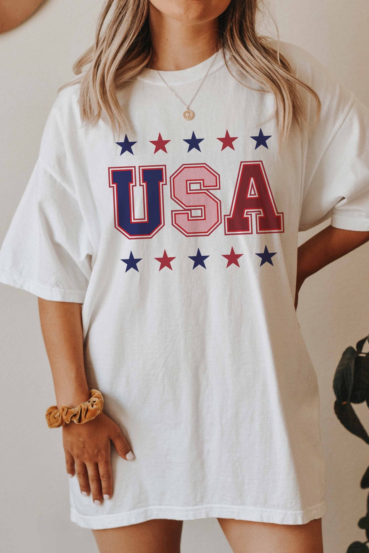 red, white, and blue tee