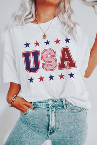 red, white, and blue tee