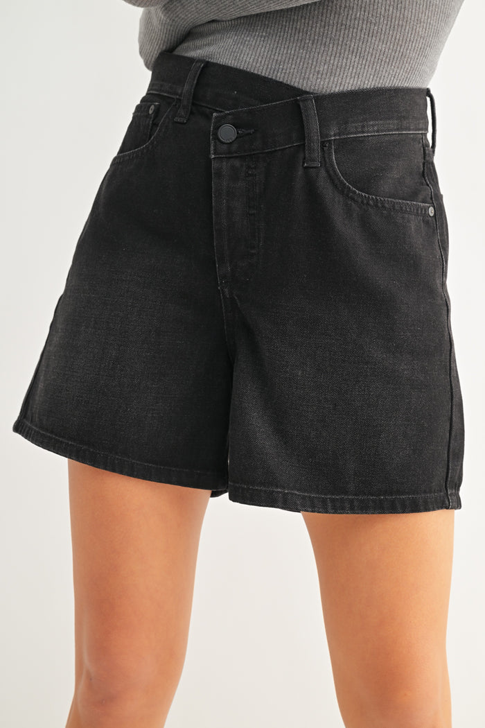 criss cross black denim shorts