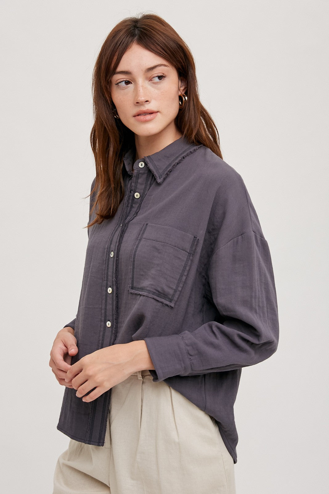 let's get out charcoal button-up