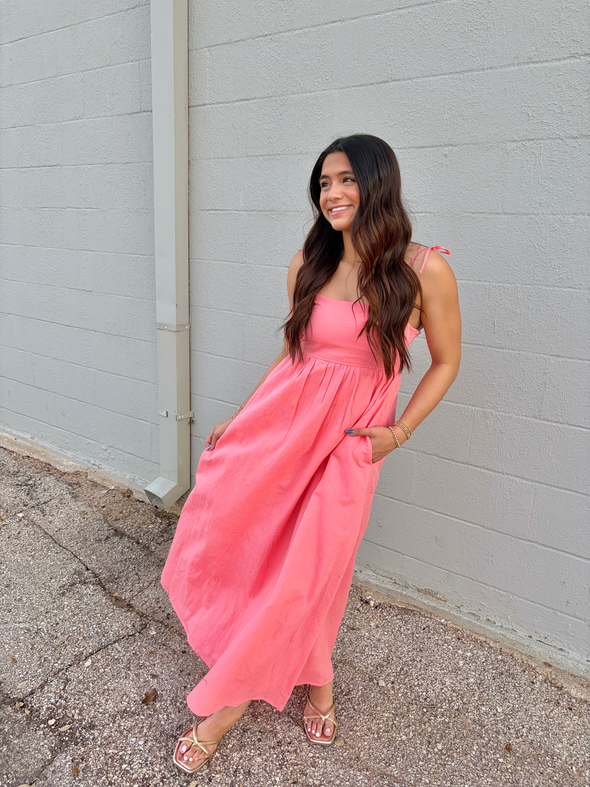 valory coral linen maxi dress