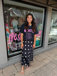 something to talk about polka dot satin midi skirt