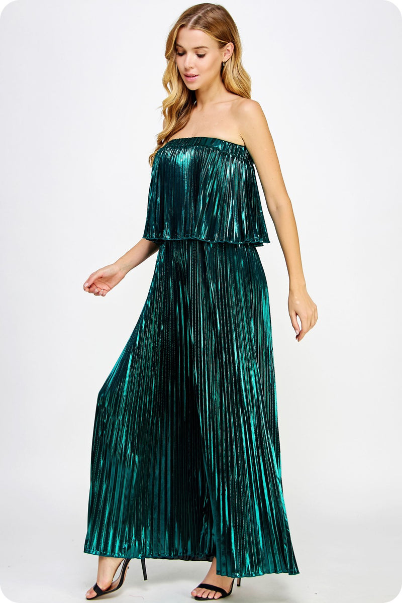 merry in metallic pleated jumpsuit  no