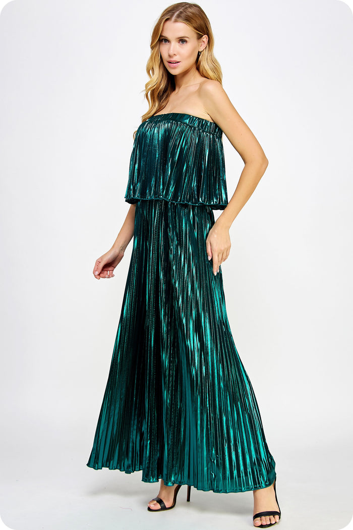 merry in metallic pleated jumpsuit