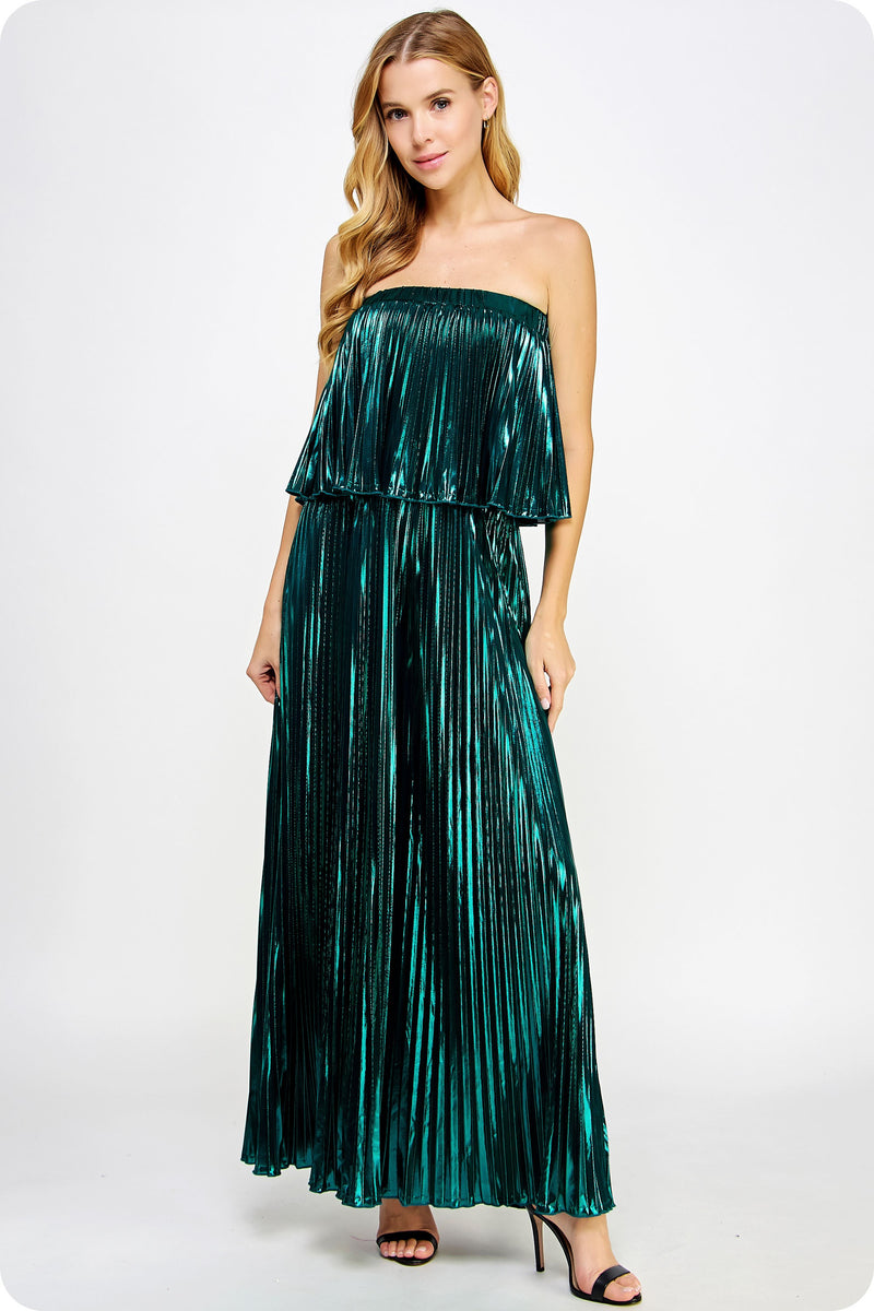 merry in metallic pleated jumpsuit  no
