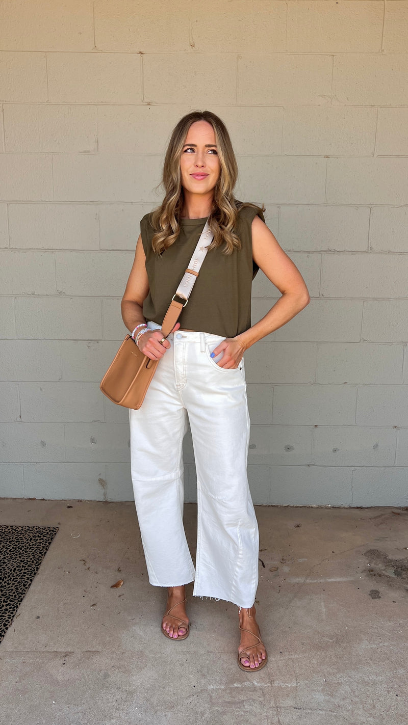 sleeveless power shoulder top