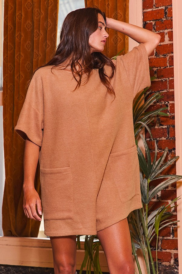 girl on the go romper | camel