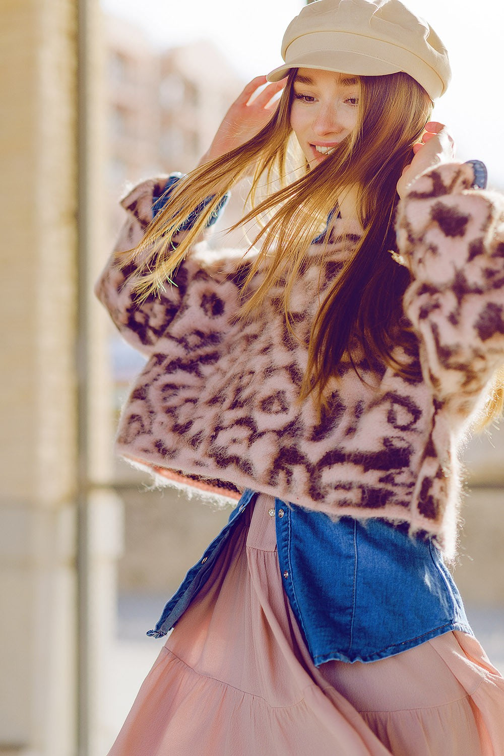 pink leopard crop sweater