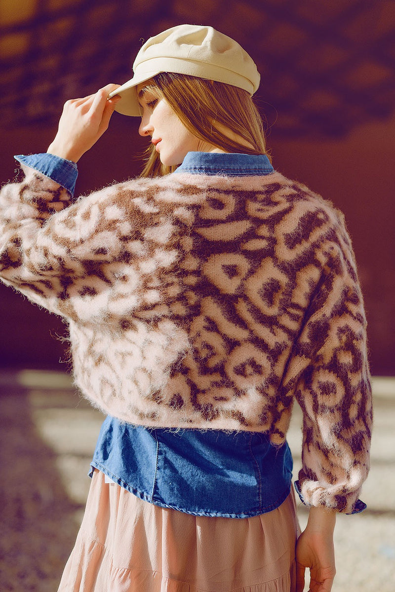 pink leopard crop sweater