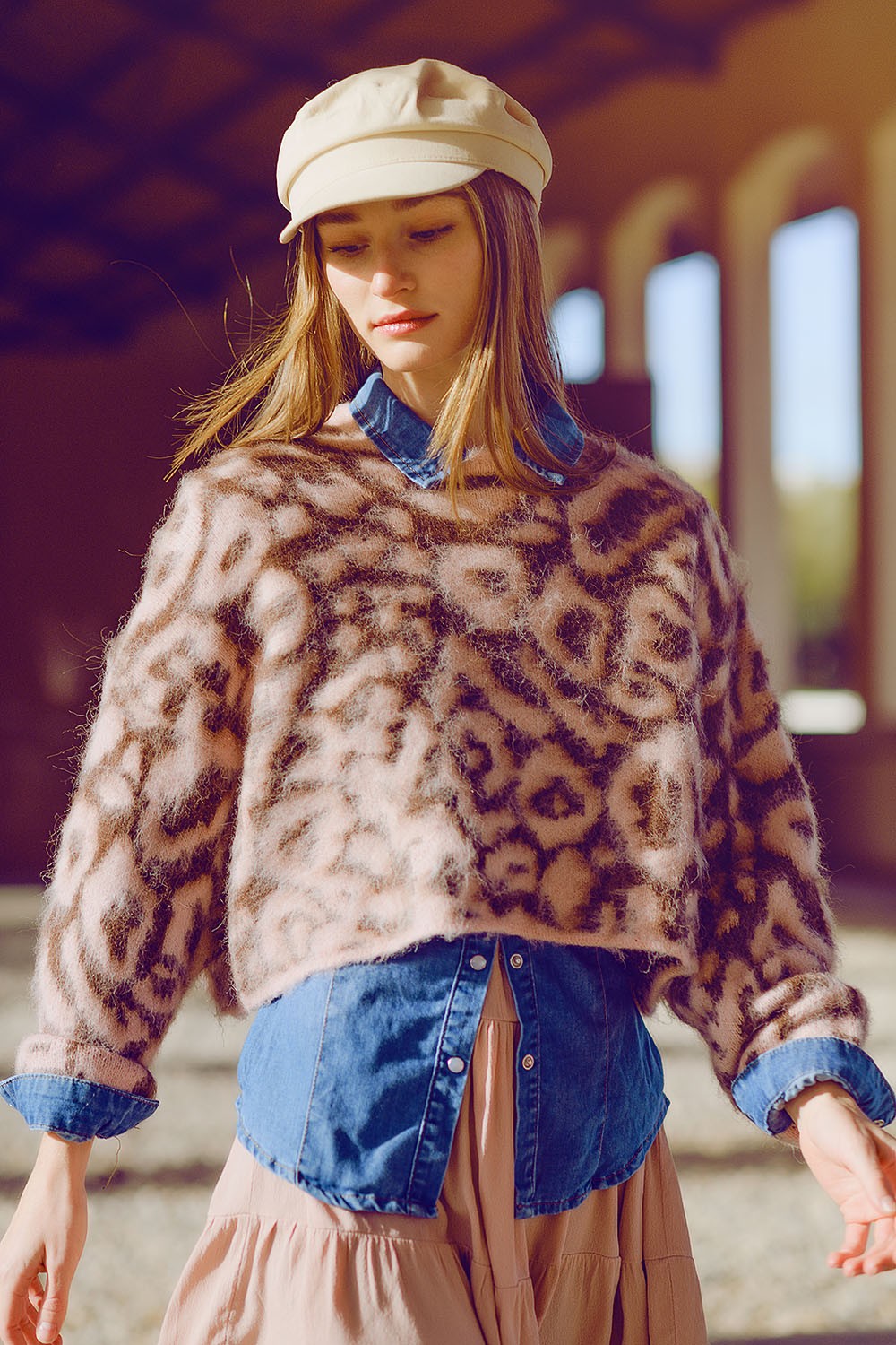 pink leopard crop sweater