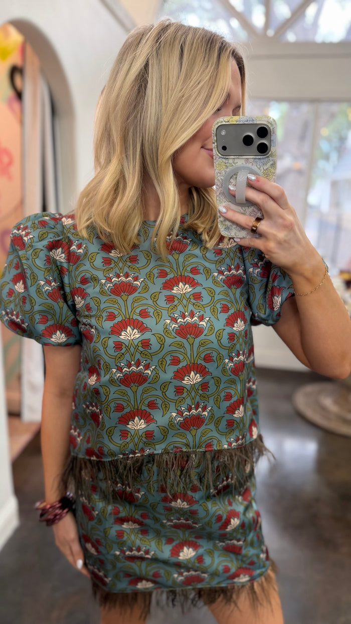 talk flirty feathered trim top