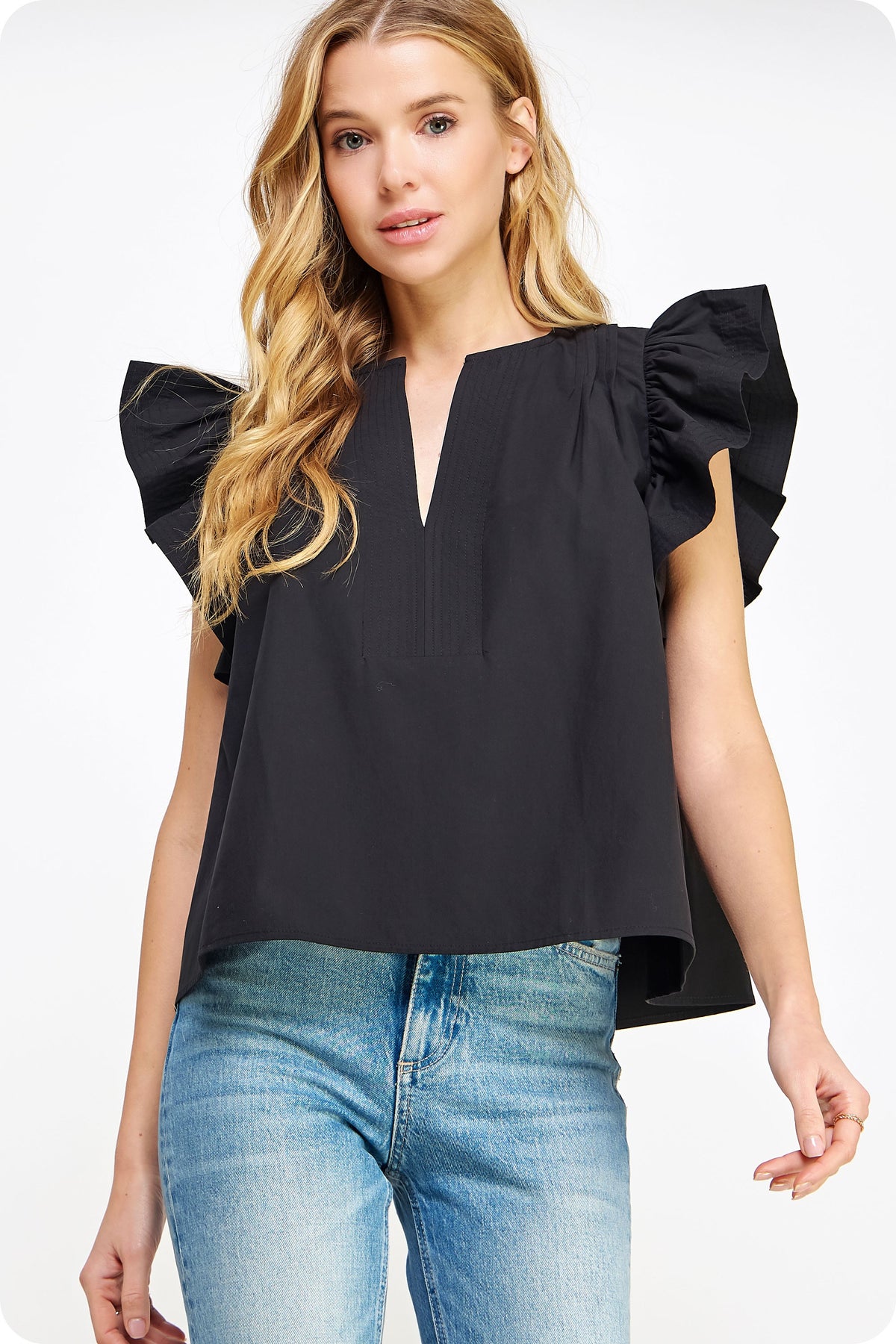 flutter ruffle sleeve poplin top