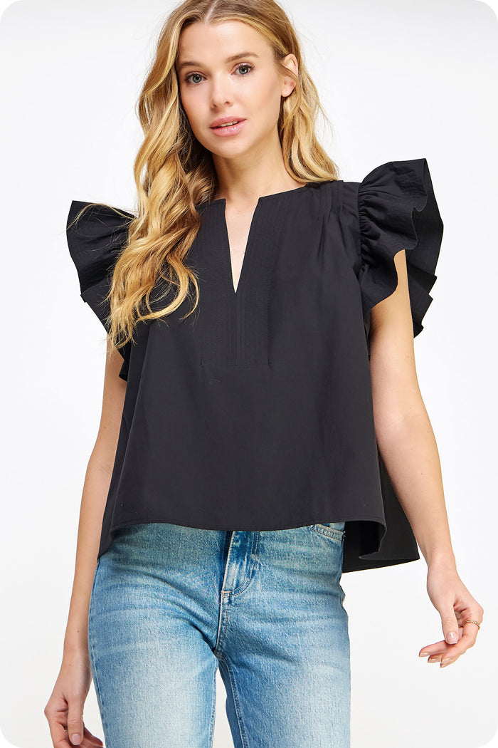 flutter ruffle sleeve poplin top