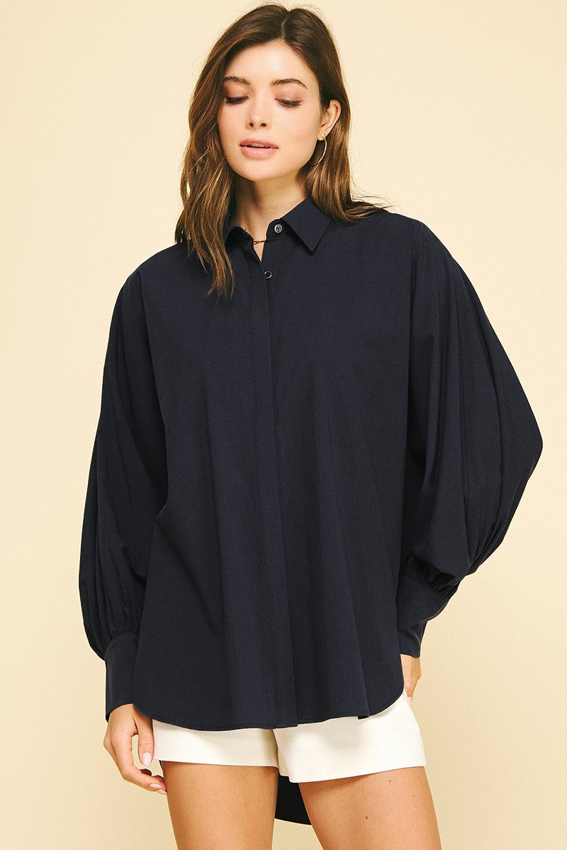 balloon sleeve collared high-low top