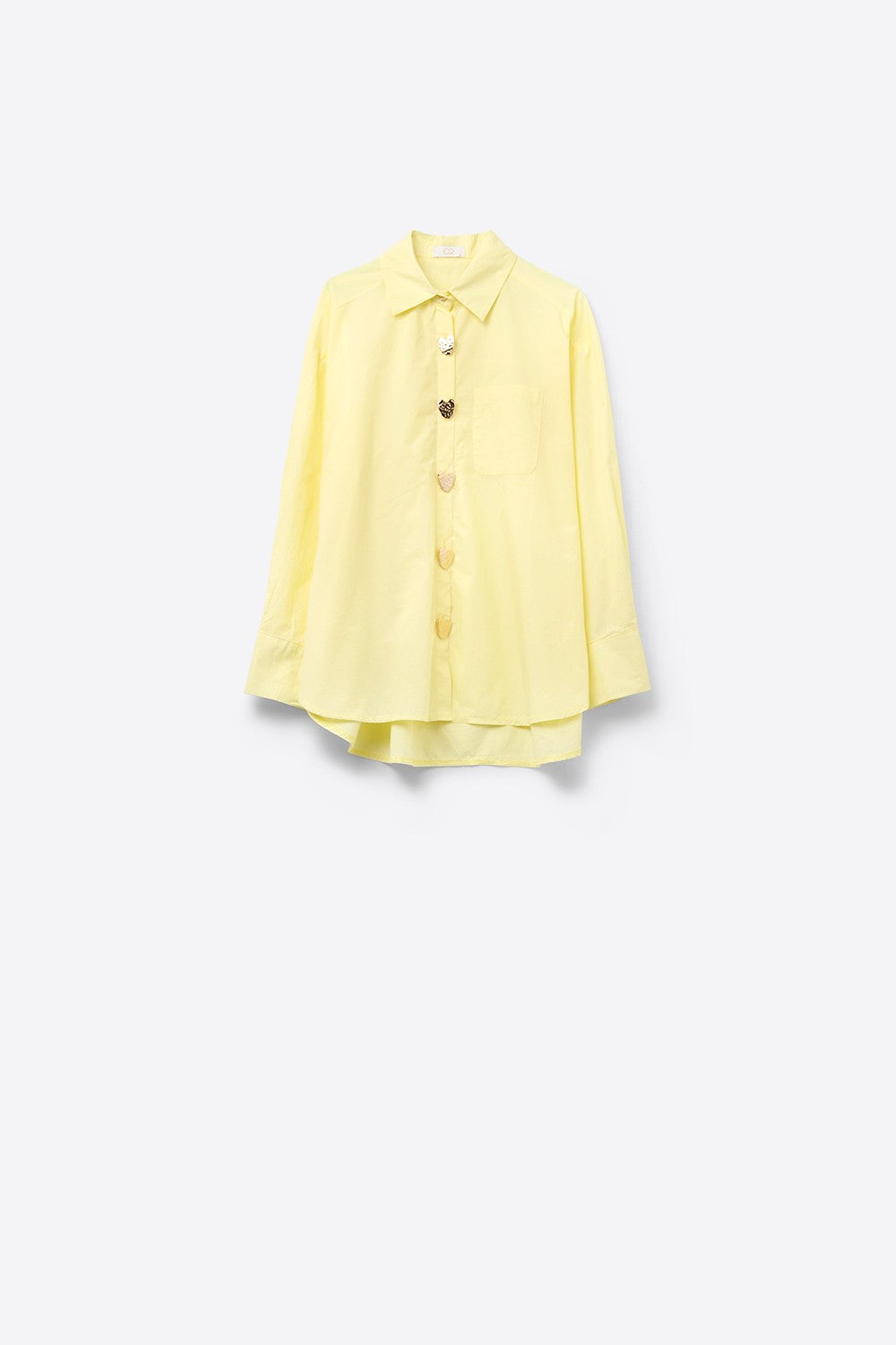 Yellow shirt with gold heart shaped buttons on a white background