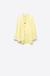 Yellow shirt with gold heart shaped buttons on a white background
