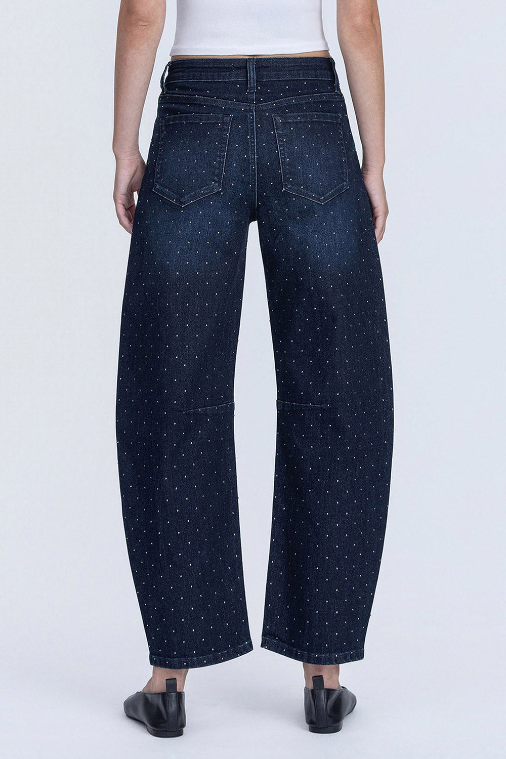 dark wash embellished barrel denim