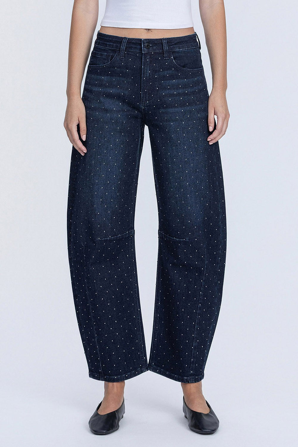 dark wash embellished barrel denim