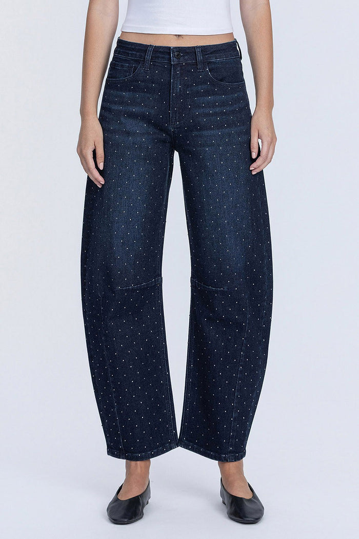 dark wash embellished barrel denim