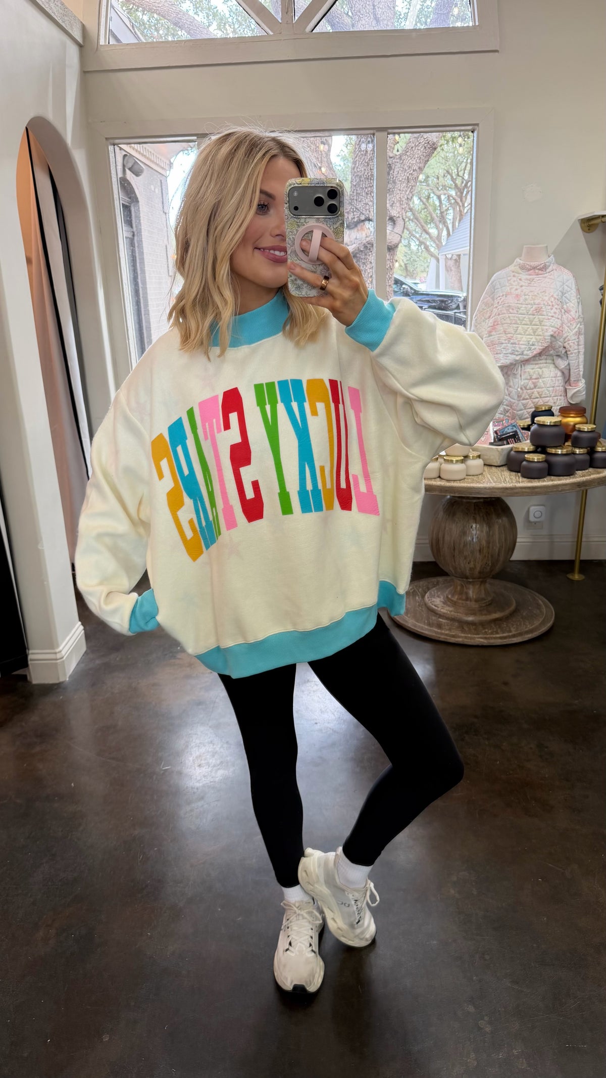 lucky stars reversible mock neck sweatshirt