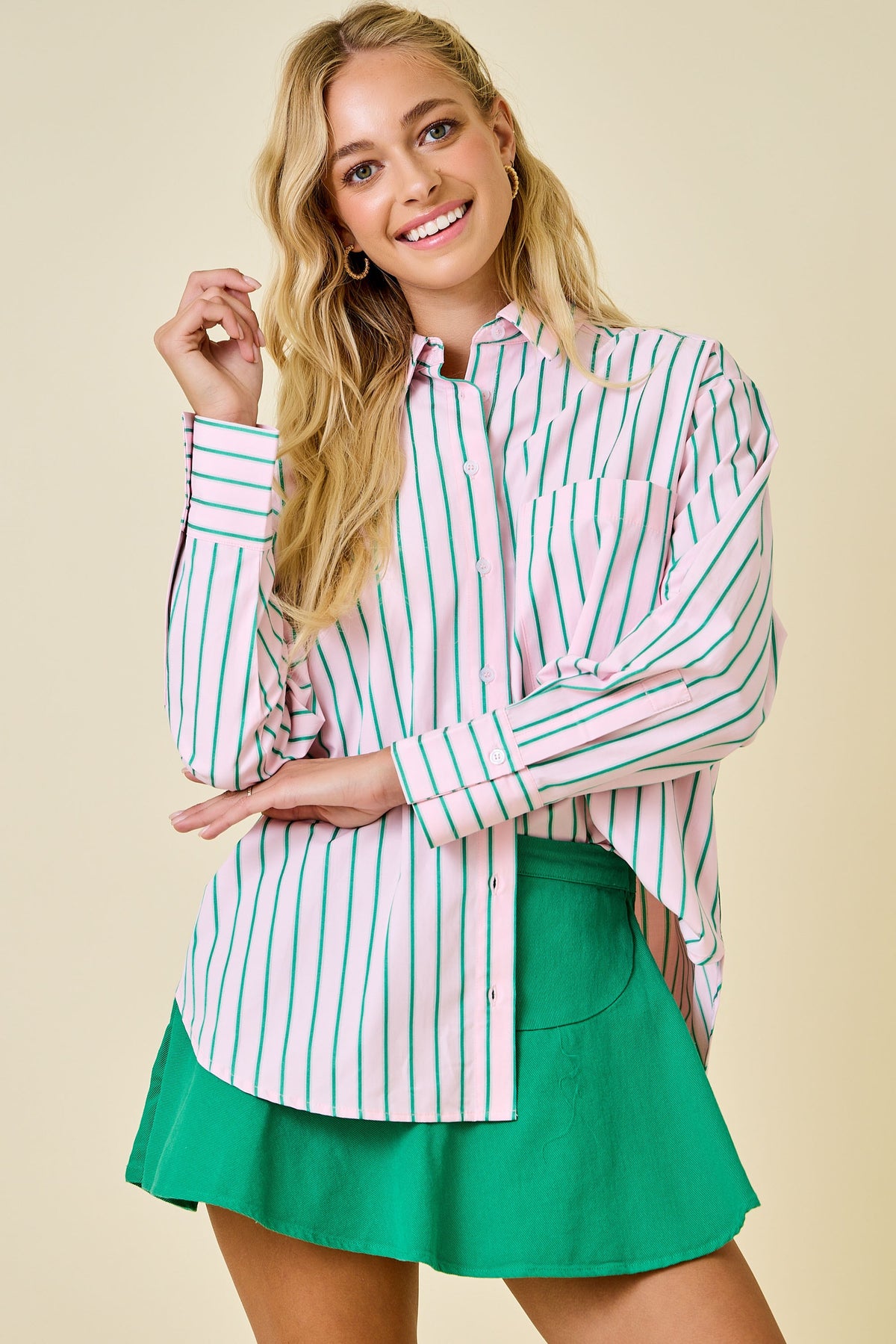 serena striped oversized button-down top