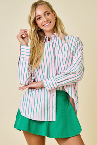 serena striped oversized button-down top