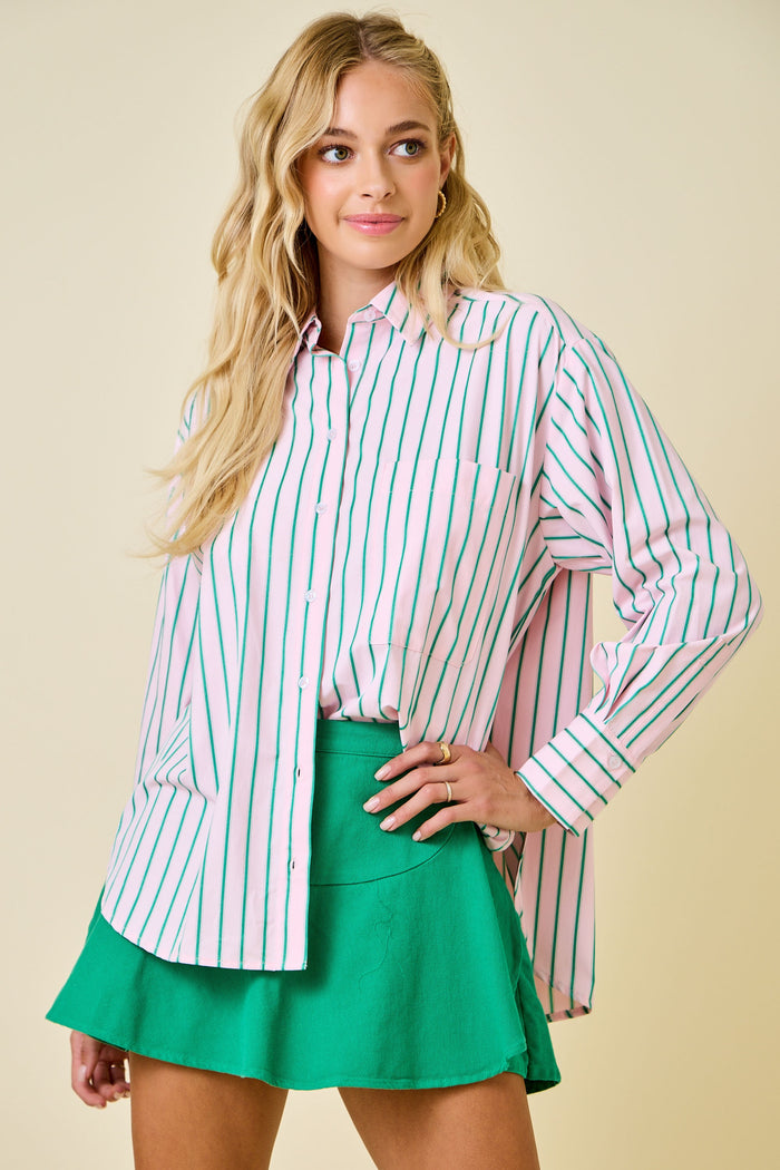serena striped oversized button-down top