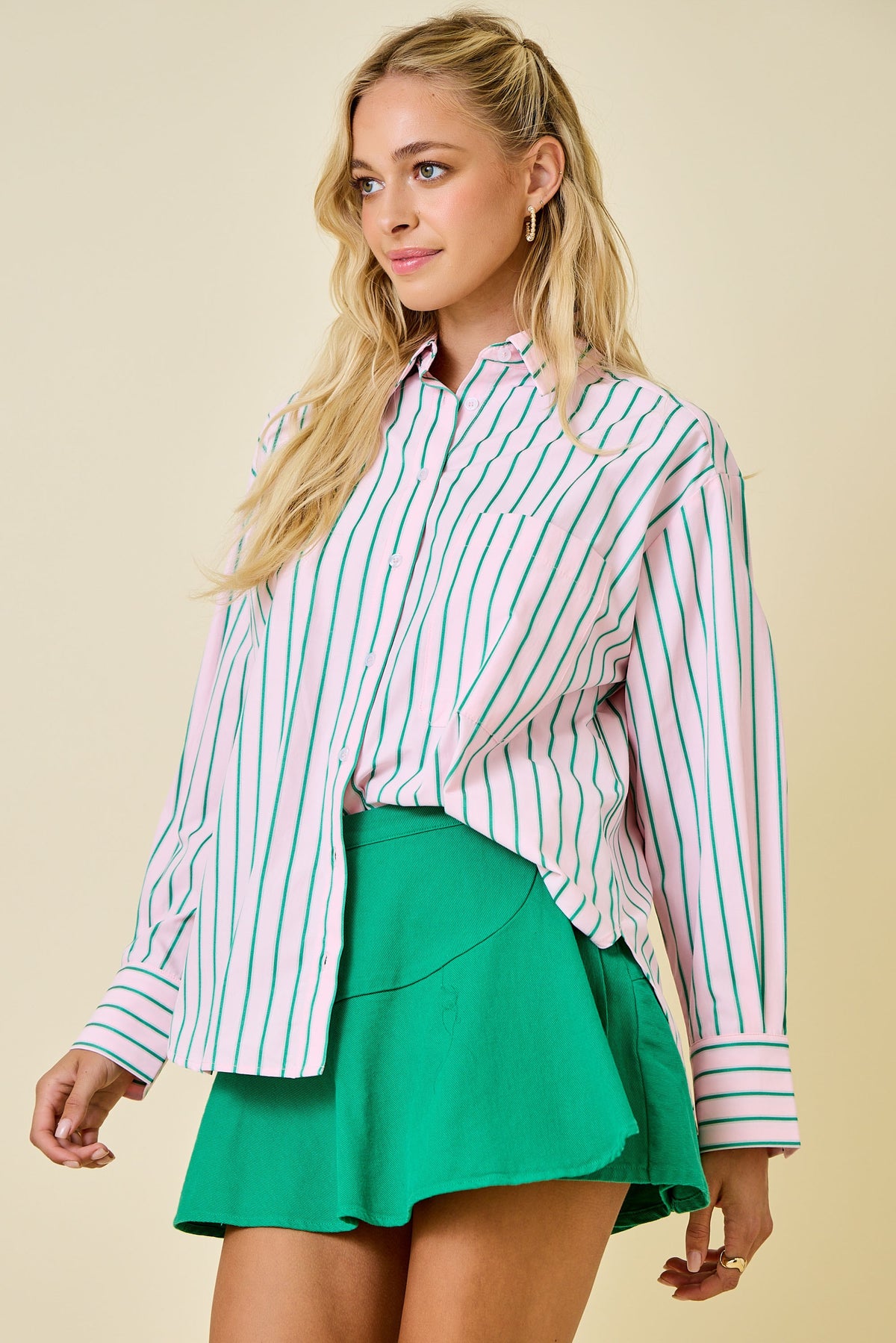 serena striped oversized button-down top