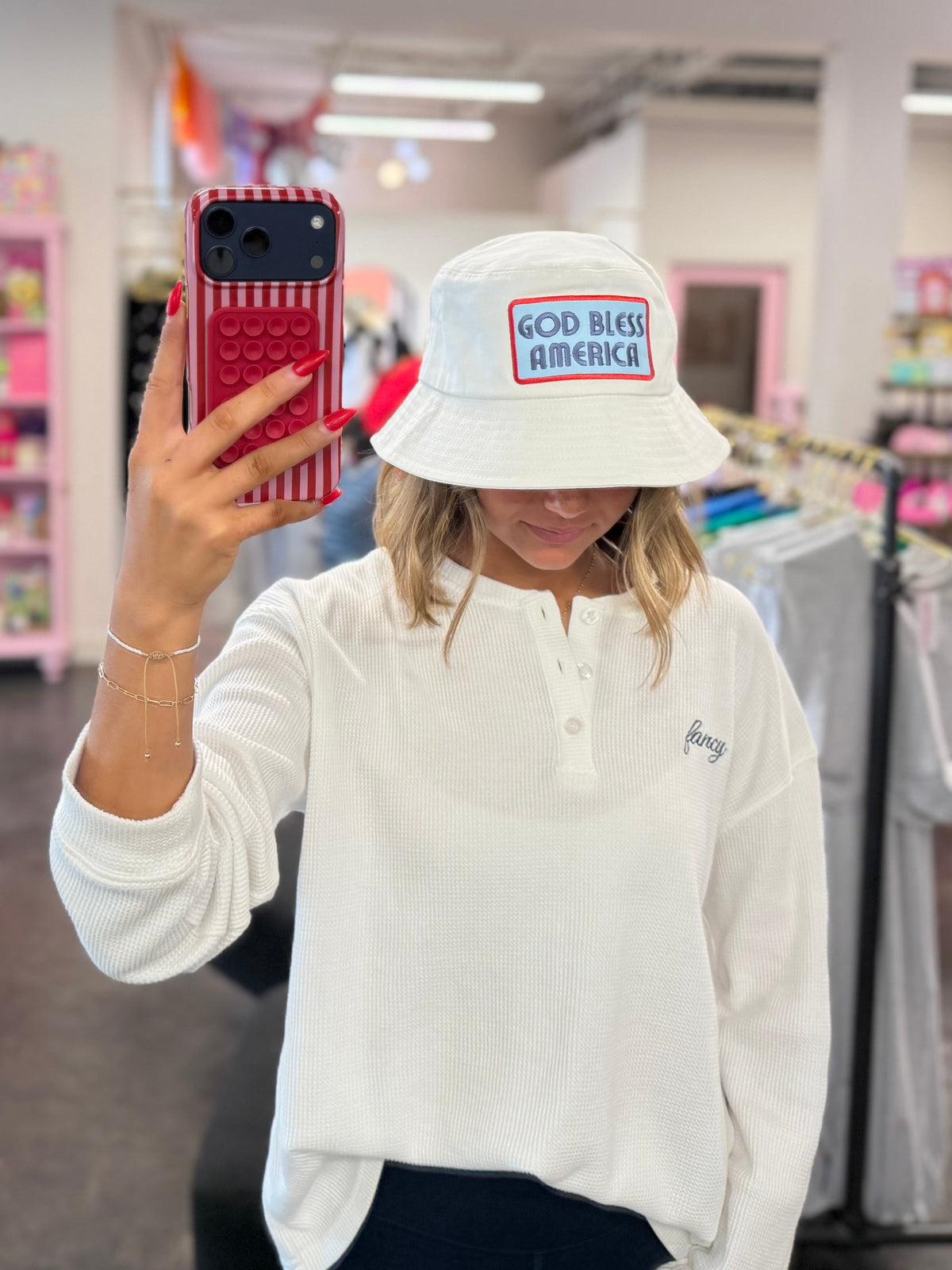 god bless america white bucket hat