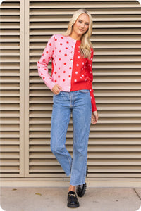 halfsies polka dot cardigan
