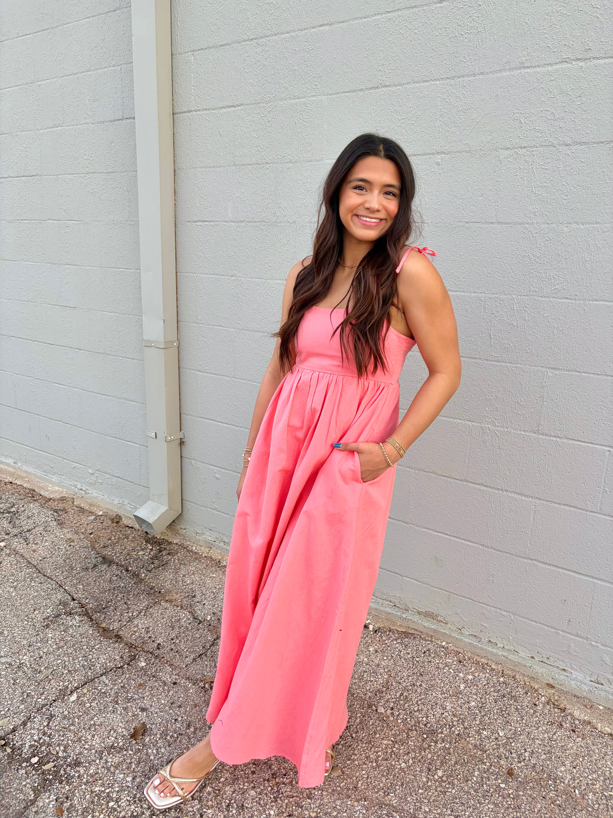 valory coral linen maxi dress