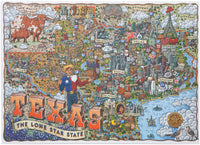 Colorful jigsaw puzzle featuring an illustrated map of Texas with various symbols and landmarks.