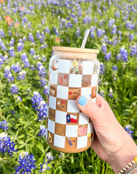 texas checkerboard icons glass cup