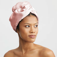 blush satin-wrapped hair towel