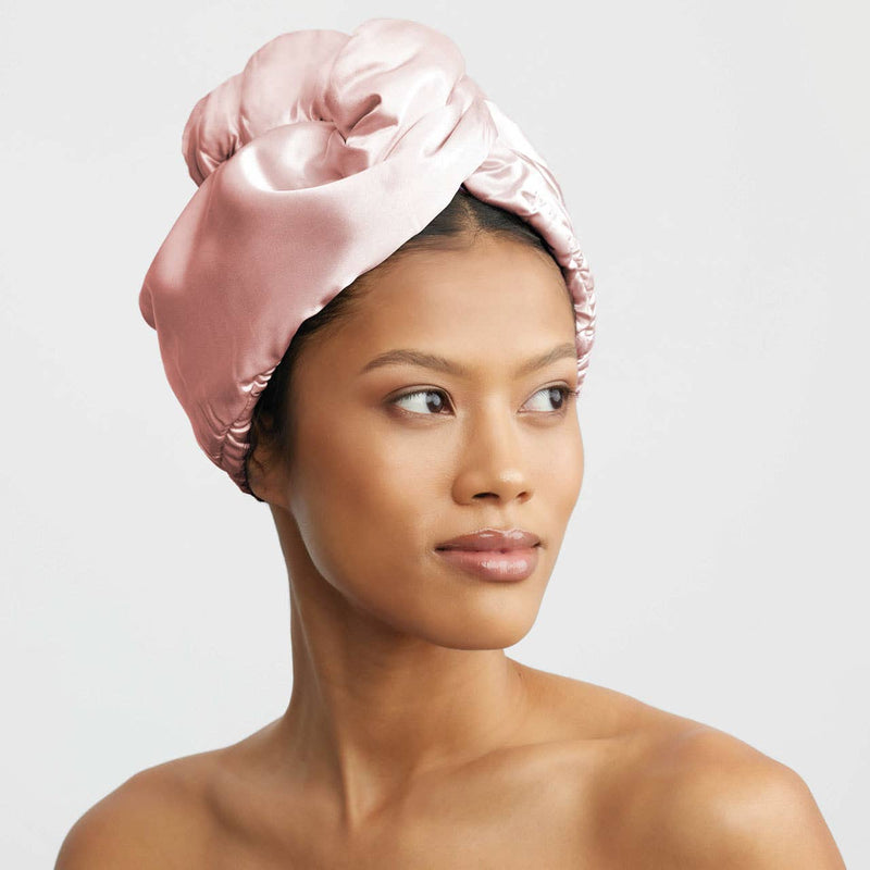 blush satin-wrapped hair towel