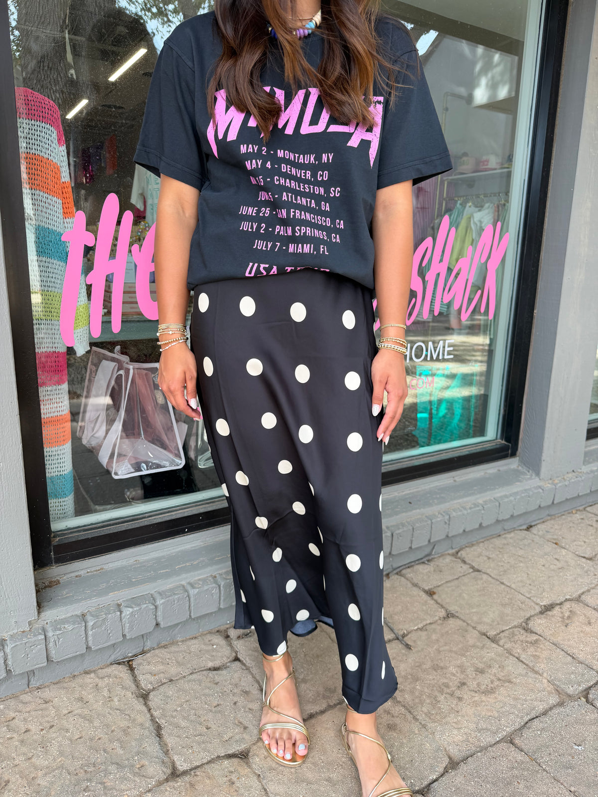 something to talk about polka dot satin midi skirt