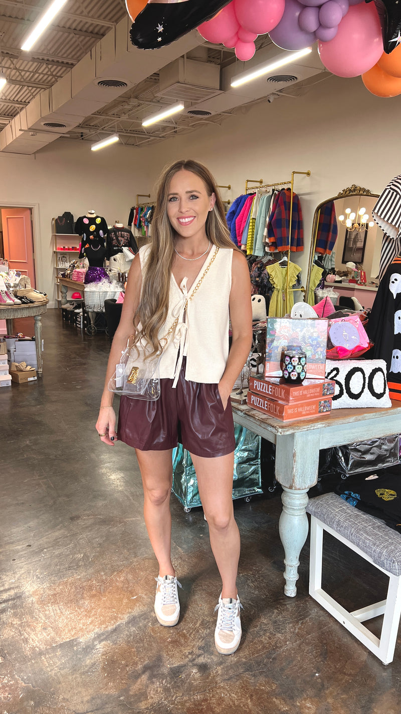 kathleen faux leather shorts | burgundy