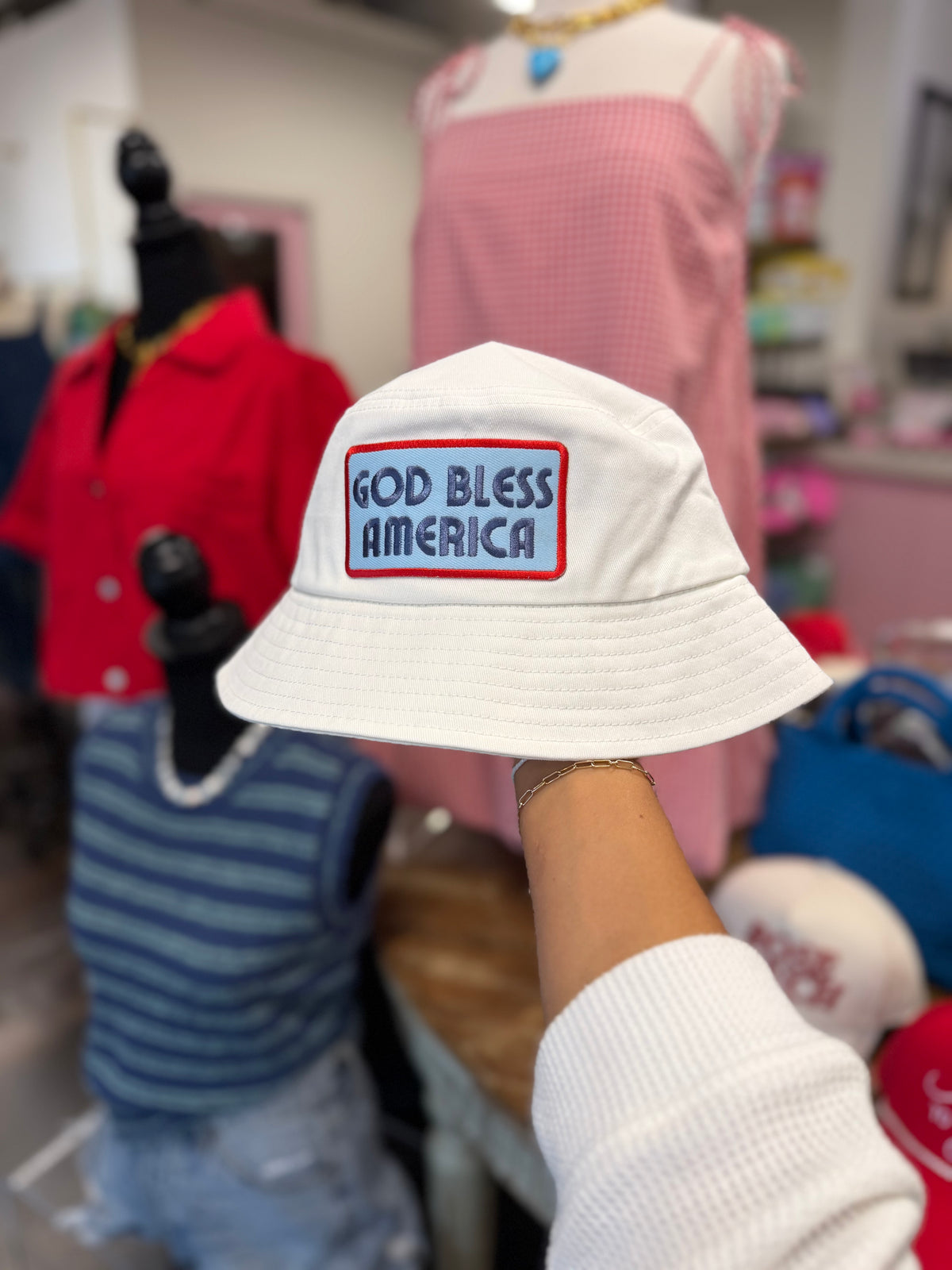 god bless america white bucket hat