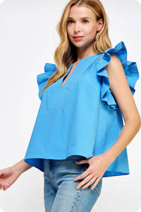 flutter ruffle sleeve poplin top