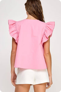 flutter ruffle sleeve poplin top