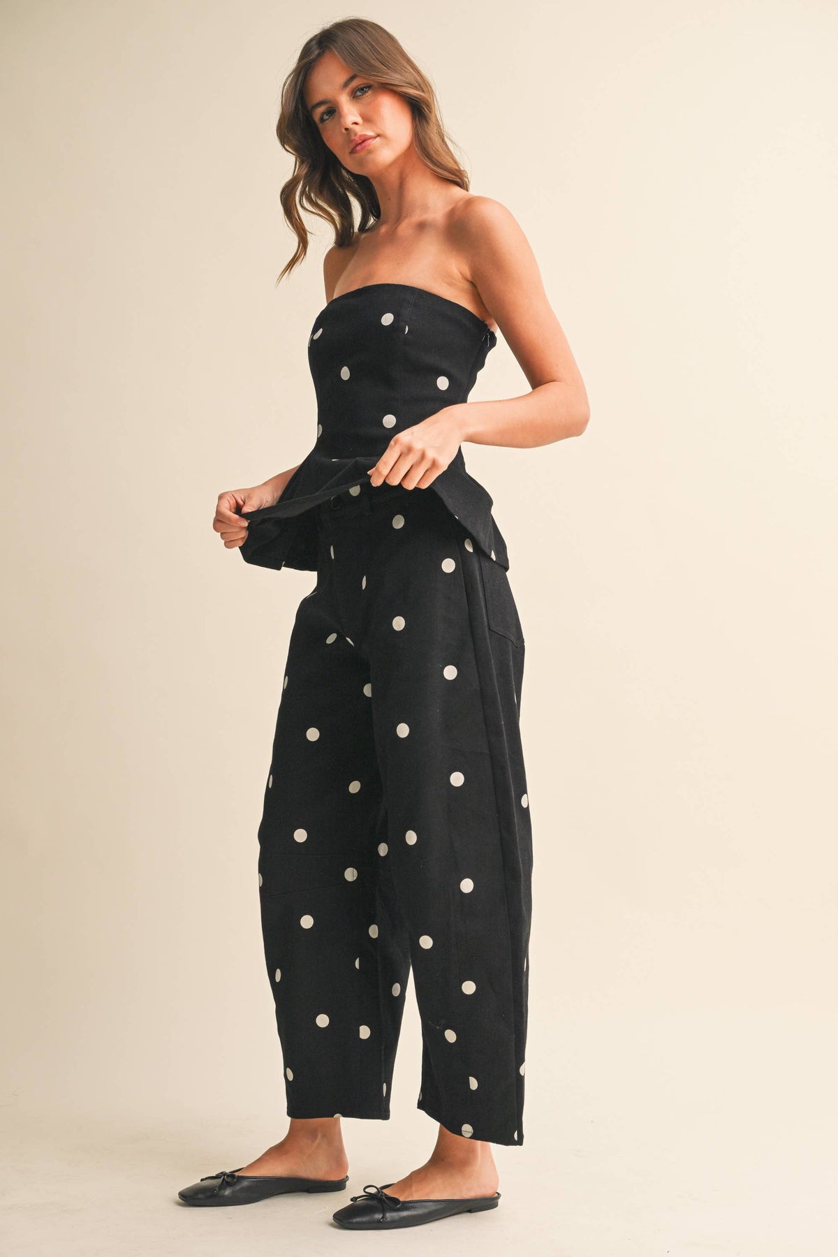 dot to dot polka dot peplum + barrel set