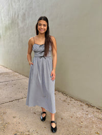 frolic around gingham midi dress