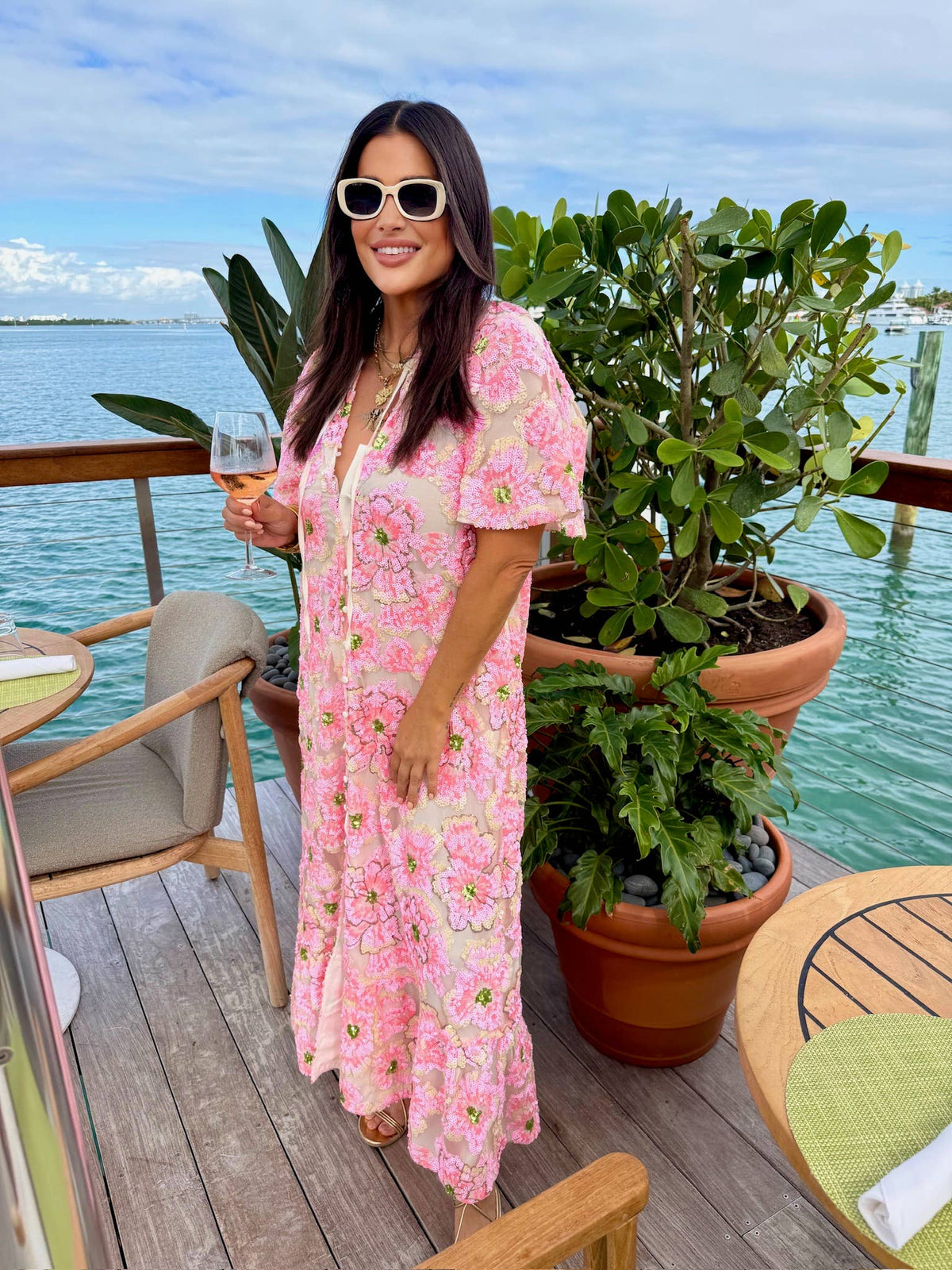 talulah pink blossom sequin maxi dress